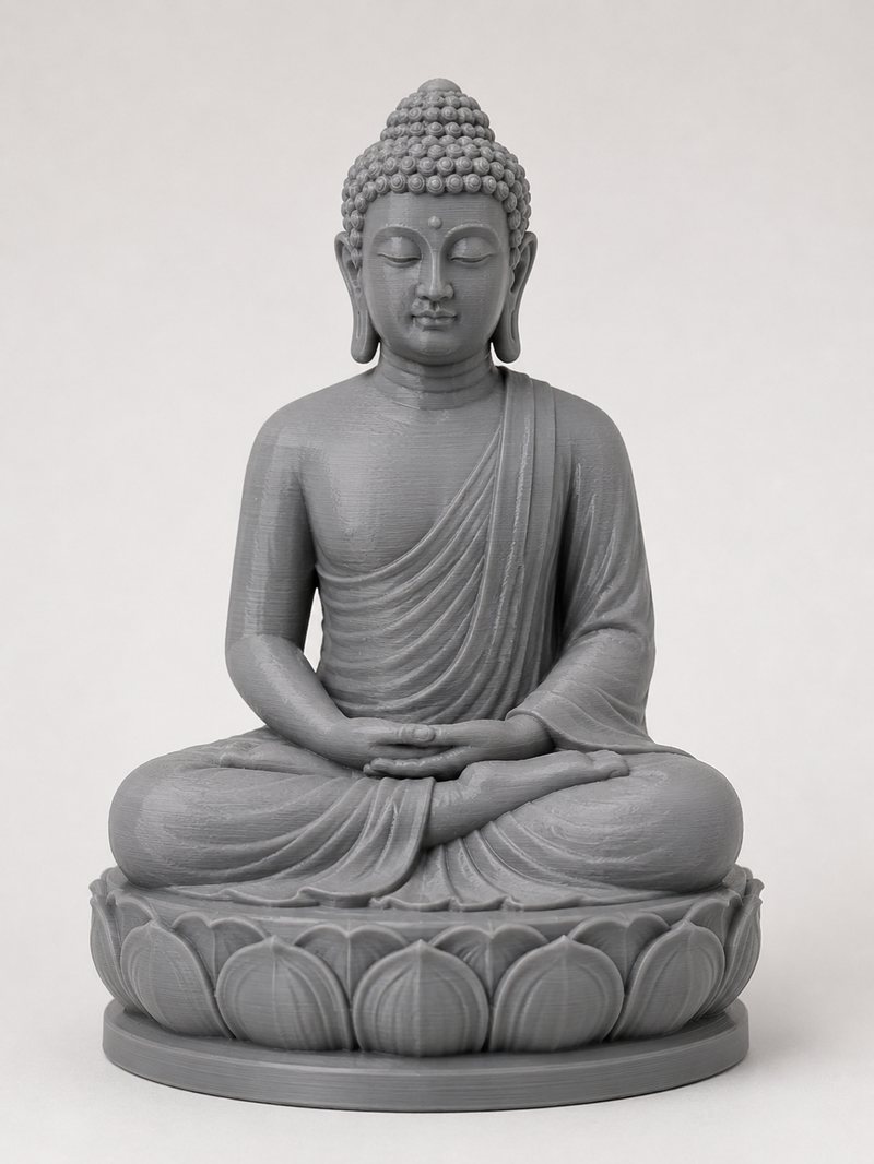 Grey 3D printed seated Buddha statue on a lotus base